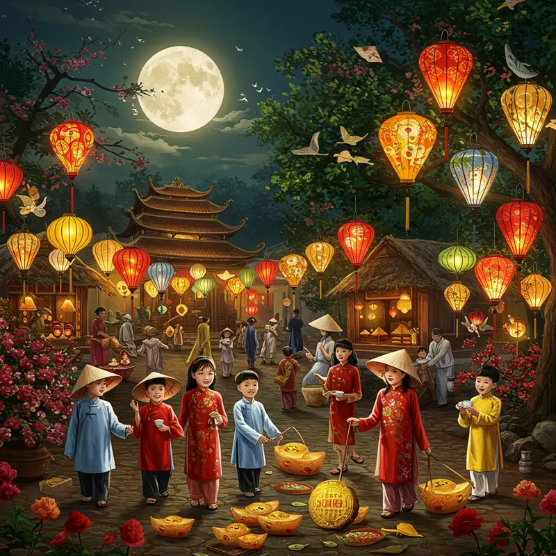 Cảnh gia đình và trẻ em vui chơi trong lễ hội Trung Thu với đèn lồng và bánh trung thu