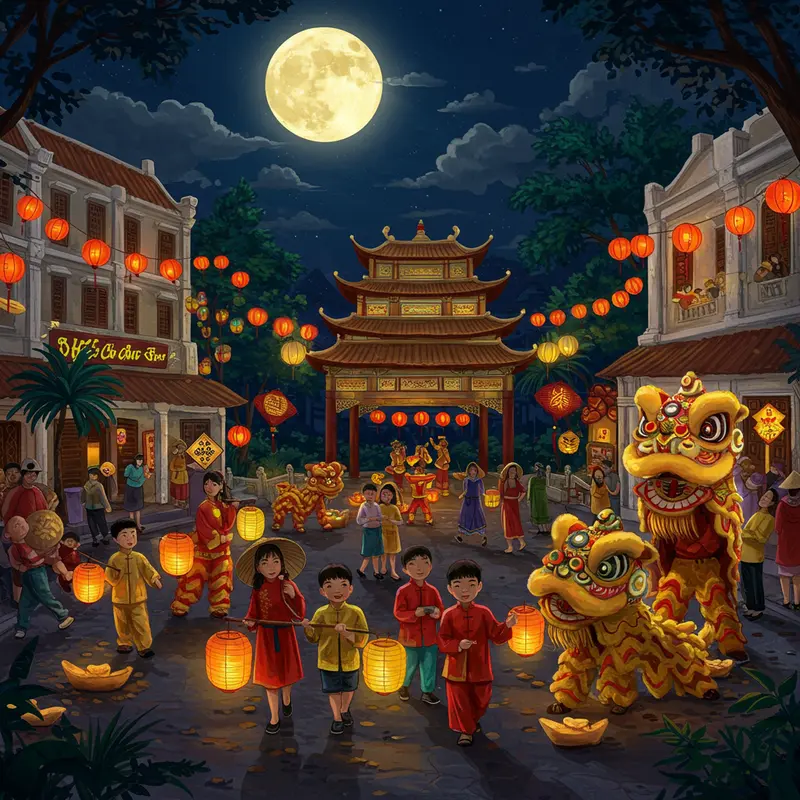 Trẻ em cầm đèn lồng màu sắc, gia đình thưởng bánh Trung Thu bên ánh trăng rằm, nghệ sĩ múa lân biểu diễn trên phố trang trí lễ hội vào ban đêm