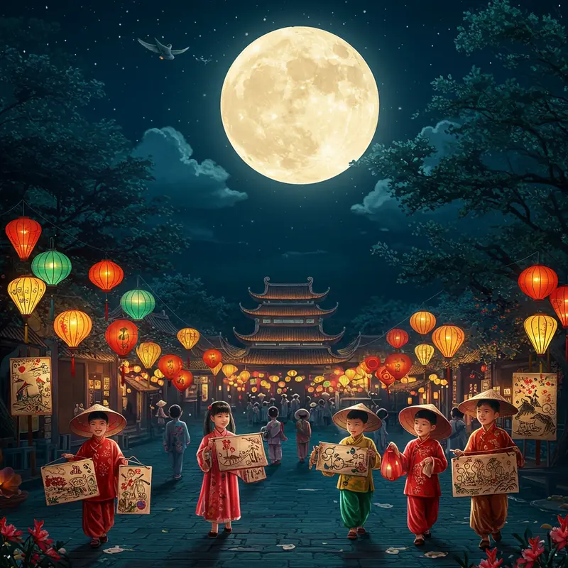 Cảnh đêm rằm tháng Tám với trăng tròn và các em nhỏ cầm đèn lồng truyền thống, tượng trưng cho không khí lễ hội Trung Thu.