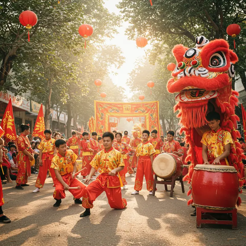 Trình diễn múa lân với trang phục truyền thống, trống và người biểu diễn tại lễ hội.