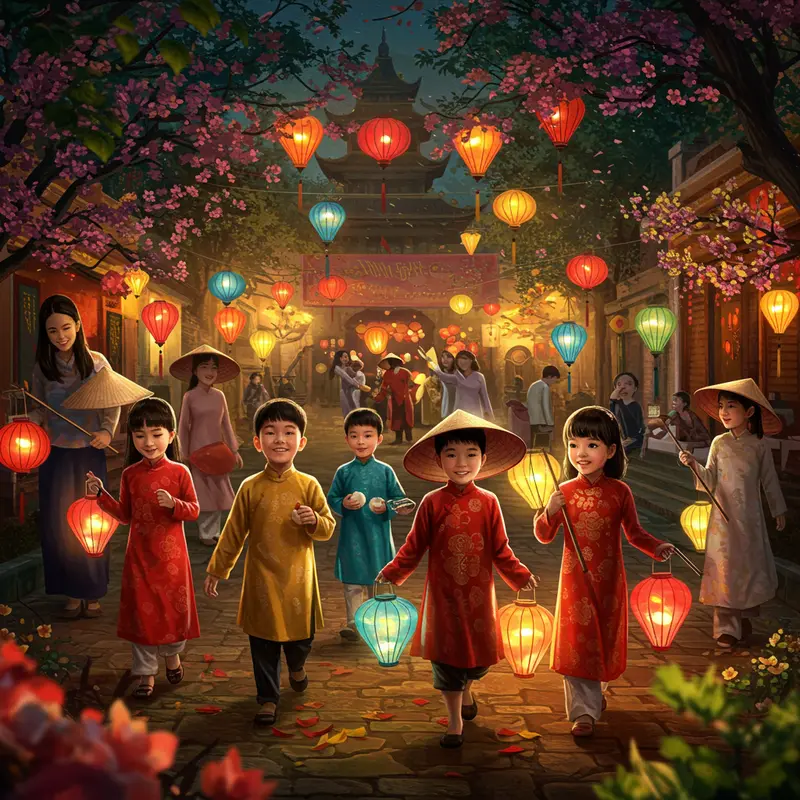 Trẻ em Việt Nam vui chơi cùng đèn lồng truyền thống vào buổi tối Trung Thu