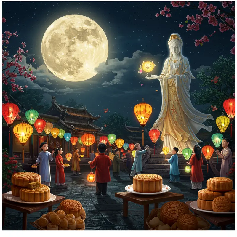 Một bức tranh chân thực về lễ hội Trung Thu với trẻ em cầm đèn lồng và trăng tròn chiếu sáng trên làng quê Việt Nam.