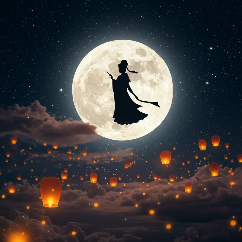 Mặt trăng sáng với hình dáng Chị Hằng lơ lửng, bao quanh bởi đám mây và đèn lồng dưới bầu trời sao