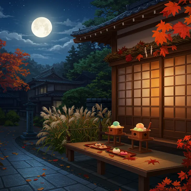 Đêm thu Nhật Bản yên bình với trăng tròn sáng trên hiên nhà gỗ truyền thống, đi kèm cỏ lau và bánh dango.