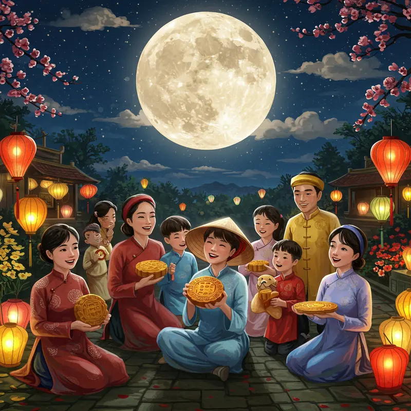 Người Việt Nam sum vầy đón Tết Trung Thu, vui vẻ bên bánh trung thu và đèn lồng dưới ánh trăng