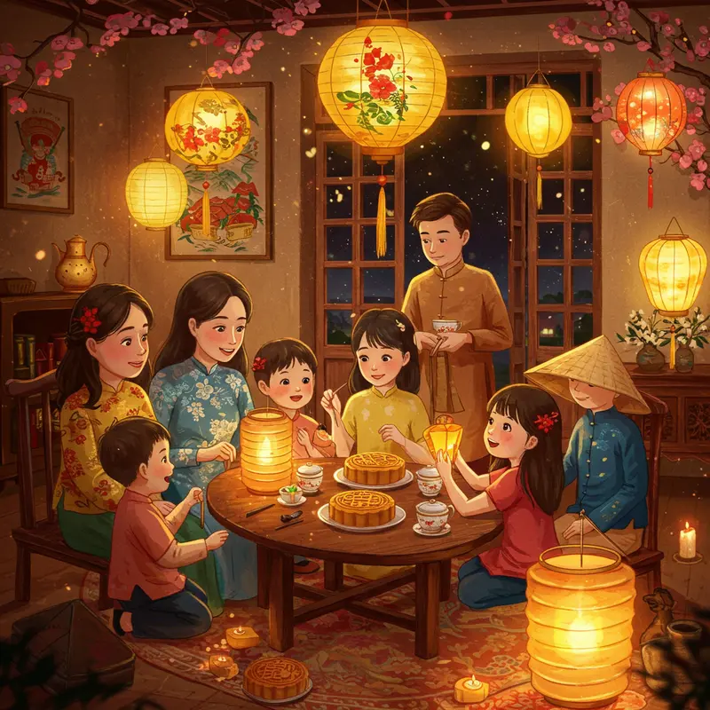 Gia đình tụ họp xung quanh bàn tiệc Trung Thu với đèn lồng và bánh trung thu trong phòng khách ấm cúng