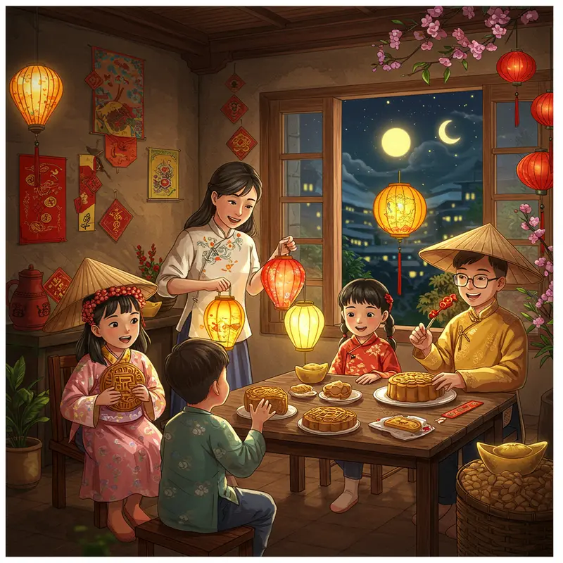 Cảnh gia đình vui vẻ tổ chức đêm hội Trung Thu trong nhà, trẻ em cầm đèn lồng, không gian ấm cúng trang trí bắt mắt.