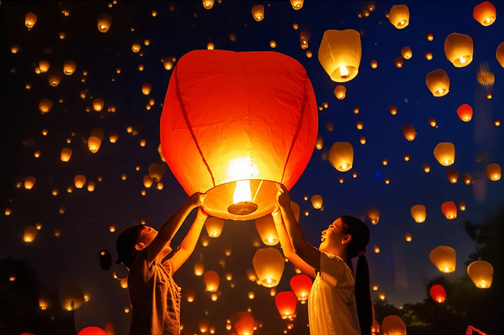 Nhiều đèn lồng truyền thống lấp lánh bay lên bầu trời đêm Trung Thu.