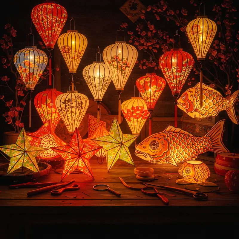 Bộ ba đèn lồng truyền thống gồm ông sao, kéo quân và cá chép phát sáng ấm áp trên bàn làm việc