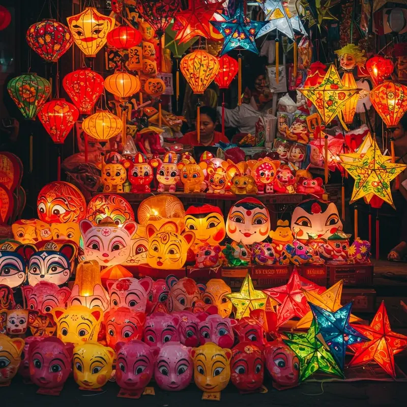 Phố Hàng Mã với những cửa hàng truyền thống và đèn lồng đa sắc màu.