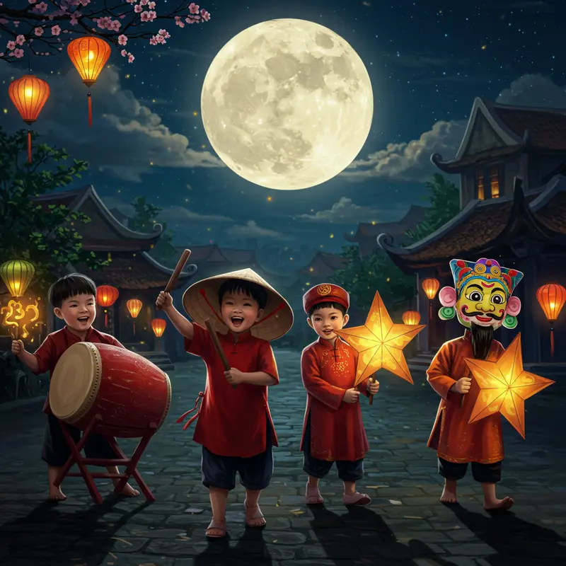 Một nhóm trẻ em Việt Nam đang rước đèn Trung Thu với trống, mặt nạ và đèn ông sao dưới ánh trăng rằm.