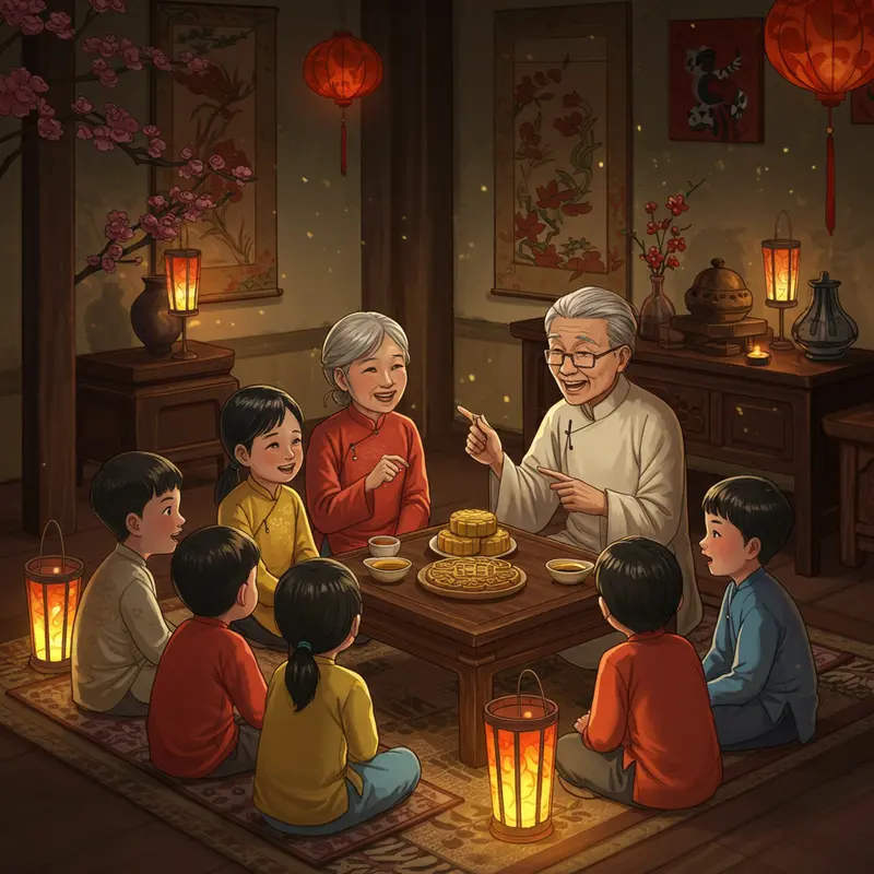 Gia đình Việt Nam đón Tết Trung Thu bên ánh trăng tròn với đèn lồng và bánh trung thu truyền thống.