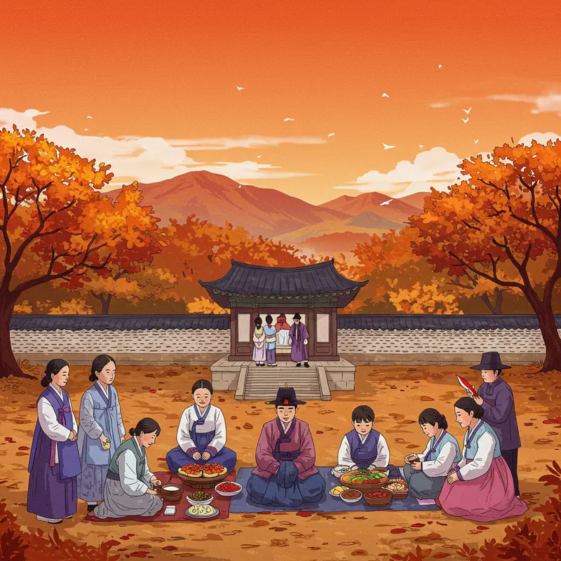 Gia đình Hàn Quốc thực hiện nghi lễ tổ tiên trong ngày Chuseok bên khung cảnh mùa thu.