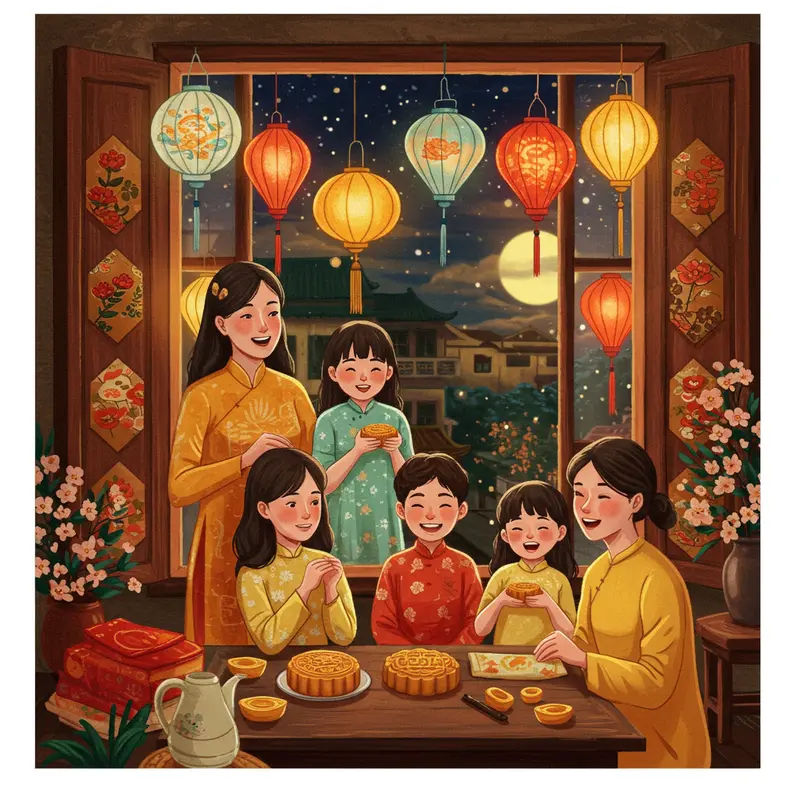 Gia đình Việt Nam vui Tết Trung Thu với đèn lồng và bánh Trung Thu trong không gian ấm áp