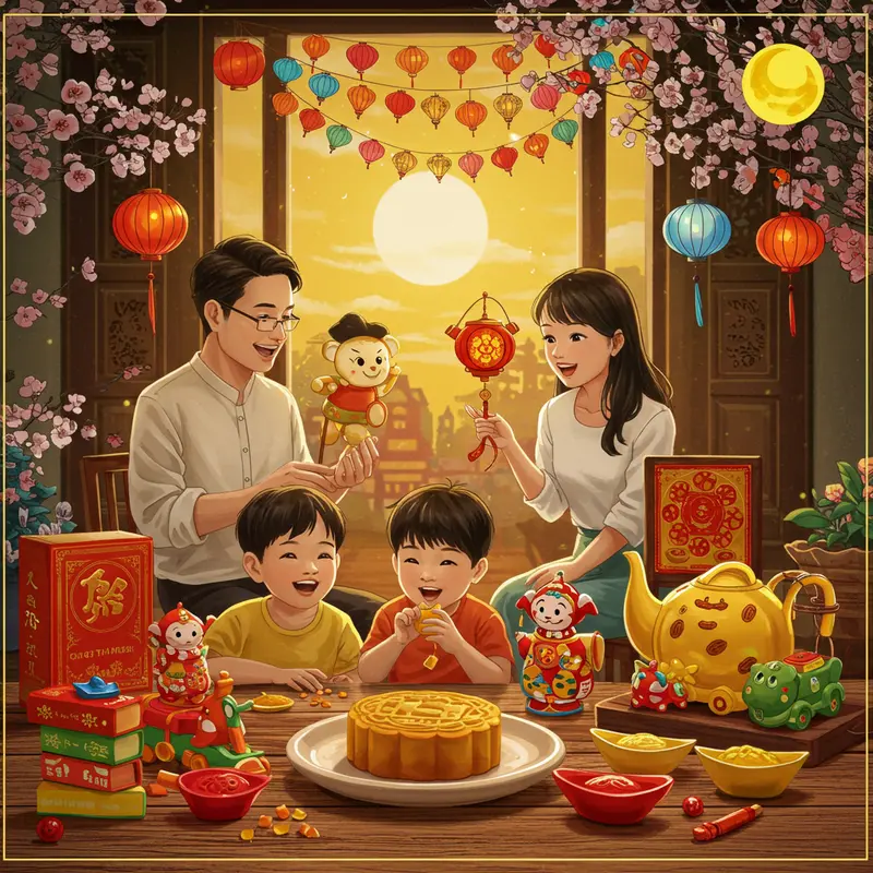 Gia đình đang tổ chức Trung Thu với trẻ em chơi đèn lồng và các món đồ chơi đầy màu sắc trên bàn gỗ, trang trí lễ hội rực rỡ