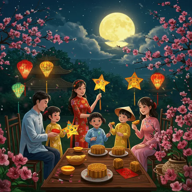 Gia đình Việt Nam đón Tết Trung Thu bên ánh trăng tròn với đèn lồng và bánh trung thu truyền thống.
