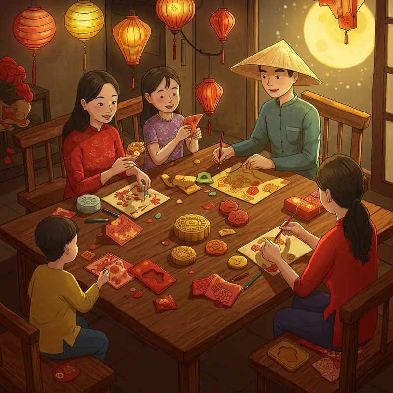 Gia đình sum vầy cùng nhau làm quà Trung Thu handmade đầy ý nghĩa.