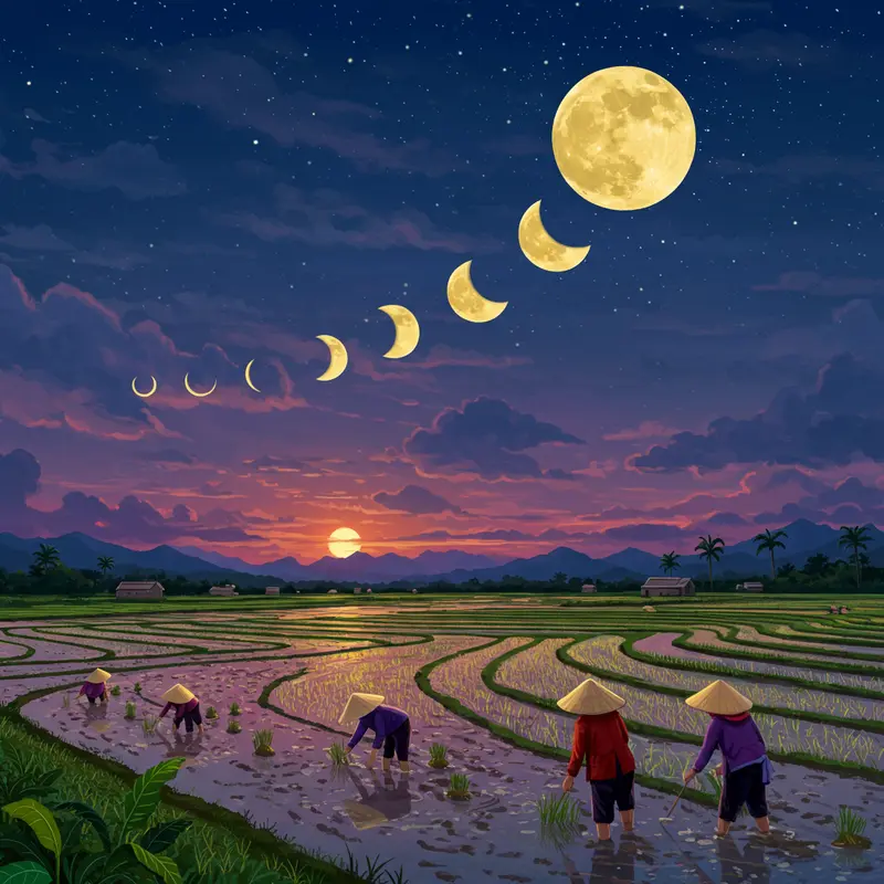 Bình minh trăng trên cánh đồng lúa truyền thống Việt Nam.