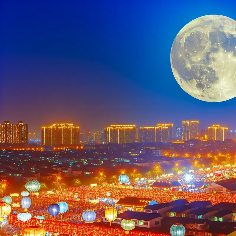Cảnh trăng rằm trên thành phố với đèn lồng và lễ hội.