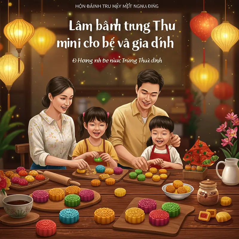 Gia đình gồm cha mẹ và trẻ em đang cùng nhau làm bánh Trung Thu mini trên bàn có nhiều màu sắc và trang trí truyền thống