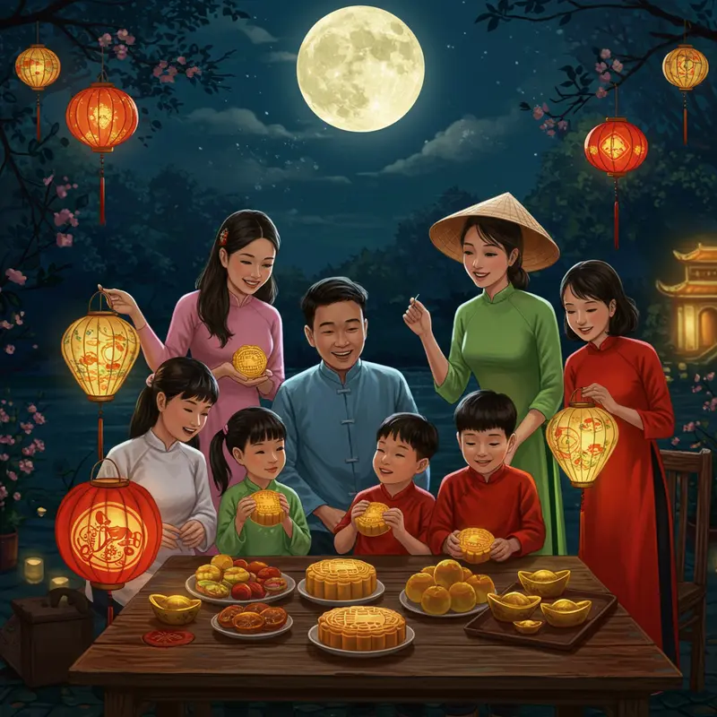 Gia đình Việt Nam gồm cha mẹ và con cái vui vẻ cầm đèn lồng cùng thưởng thức bánh Trung Thu dưới ánh trăng.