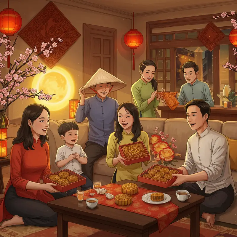 Gia đình Việt Nam quây quần bên bánh Trung Thu truyền thống dịp Tết Trung Thu