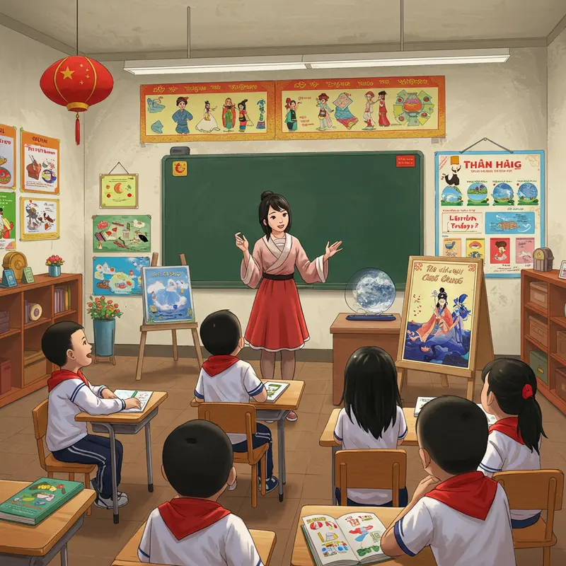 Minh họa Chị Hằng bay lên mặt trăng theo truyền thuyết Trung Quốc cổ