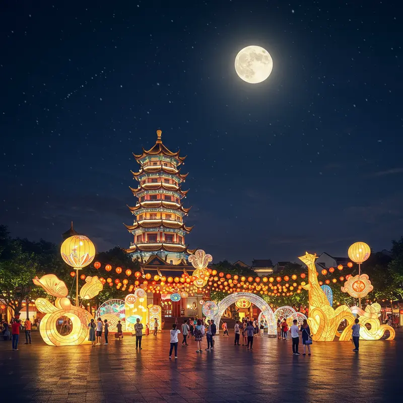 Khung cảnh lễ hội trăng rằm với trăng tròn và người dân tổ chức nghi lễ truyền thống dưới ánh trăng.