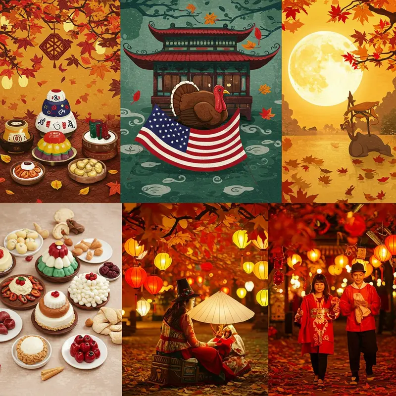 Gia đình Hàn Quốc thực hiện nghi lễ tổ tiên trong ngày Chuseok bên khung cảnh mùa thu.