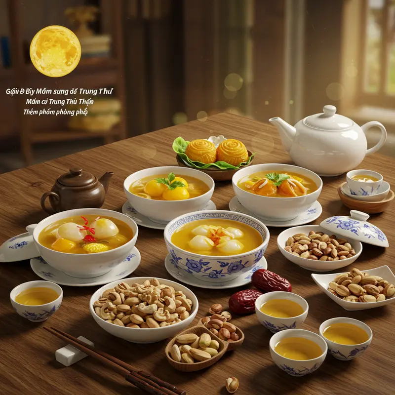Mâm cỗ Trung Thu truyền thống với bánh nướng, bánh dẻo và hoa quả tươi ngon