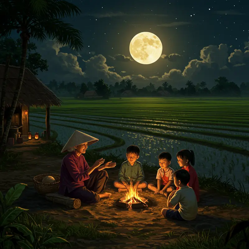 Bình minh trăng trên cánh đồng lúa truyền thống Việt Nam.