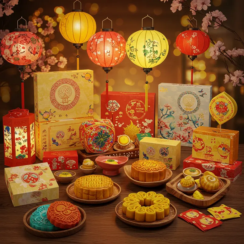 Món quà Trung Thu handmade được bày biện cùng đèn lồng và bánh nướng trên bàn gỗ dưới ánh sáng đèn lồng ấm áp.