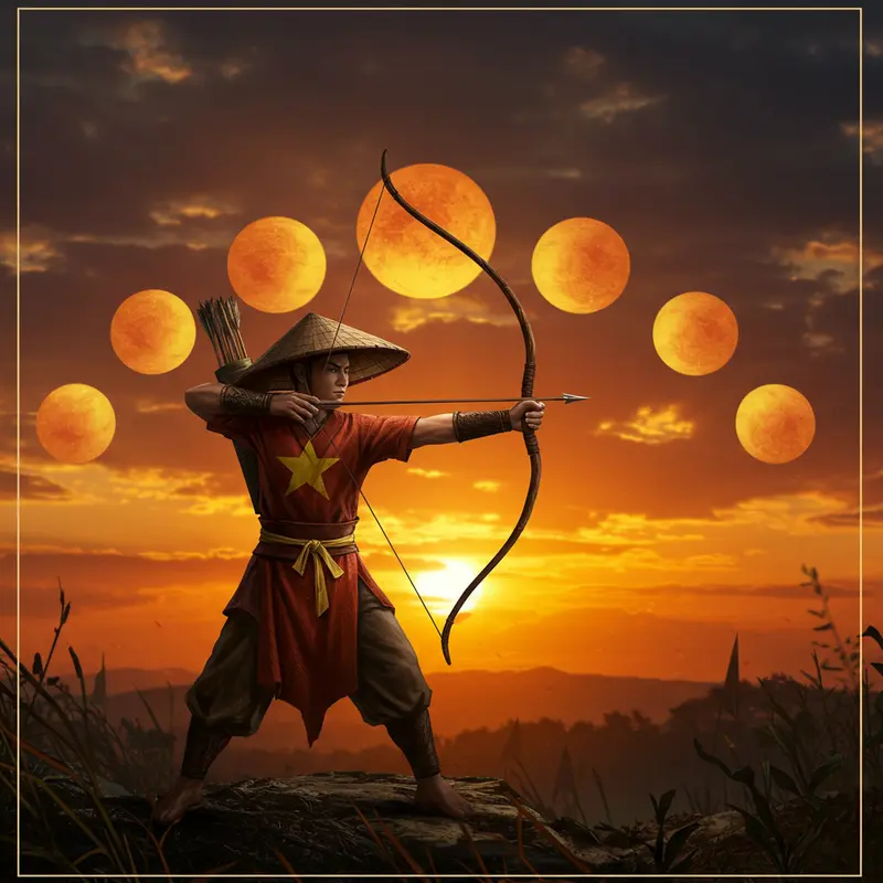 Bối cảnh làng cổ Việt Nam dưới ánh trăng tròn huyền ảo của truyền thuyết Chị Hằng và Hậu Nghệ