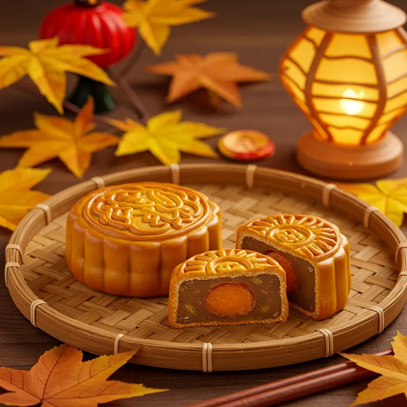 Bánh Trung Thu healthy đặt trên khay tre truyền thống, xung quanh là lá thu và đèn lồng lấp lánh.