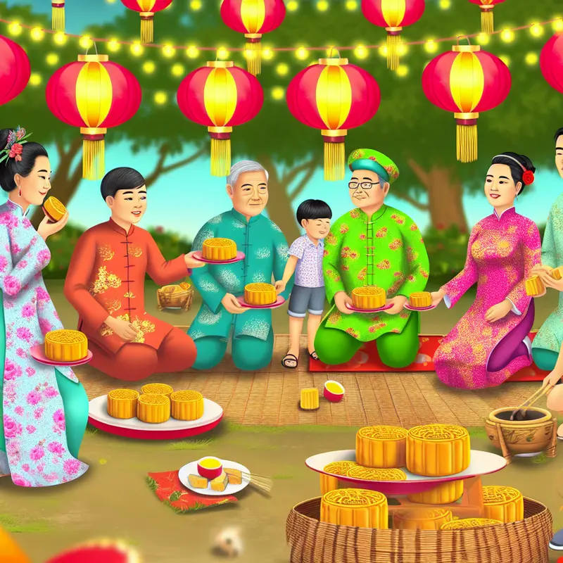 Ảnh cảnh gia đình và trẻ em Việt Nam vui chơi đón trung thu cùng bánh trung thu trong không gian truyền thống.