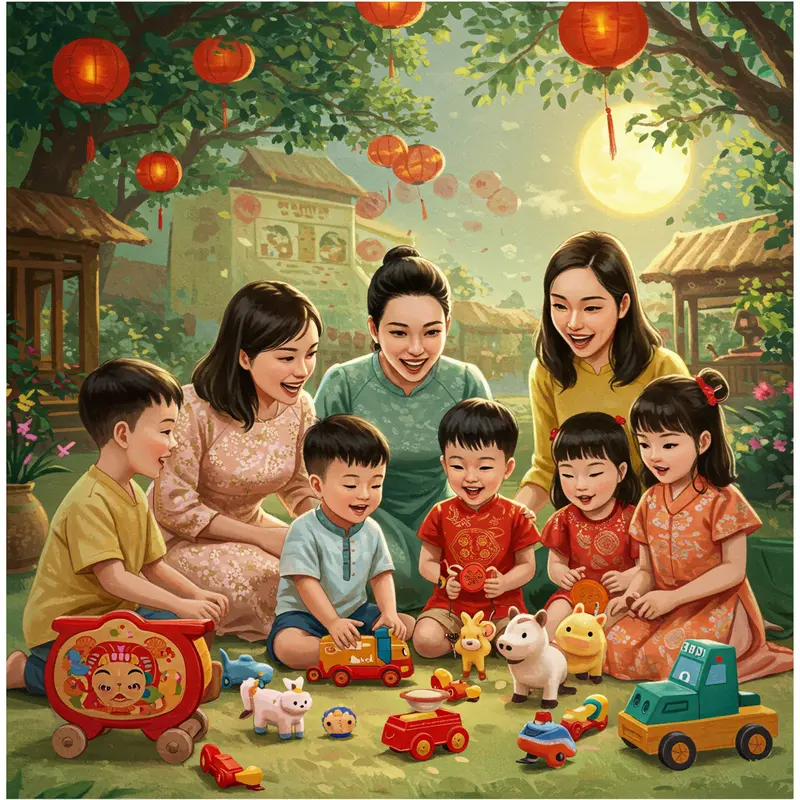 Trẻ em vui chơi với đồ chơi Trung Thu an toàn và chất lượng bên gia đình.