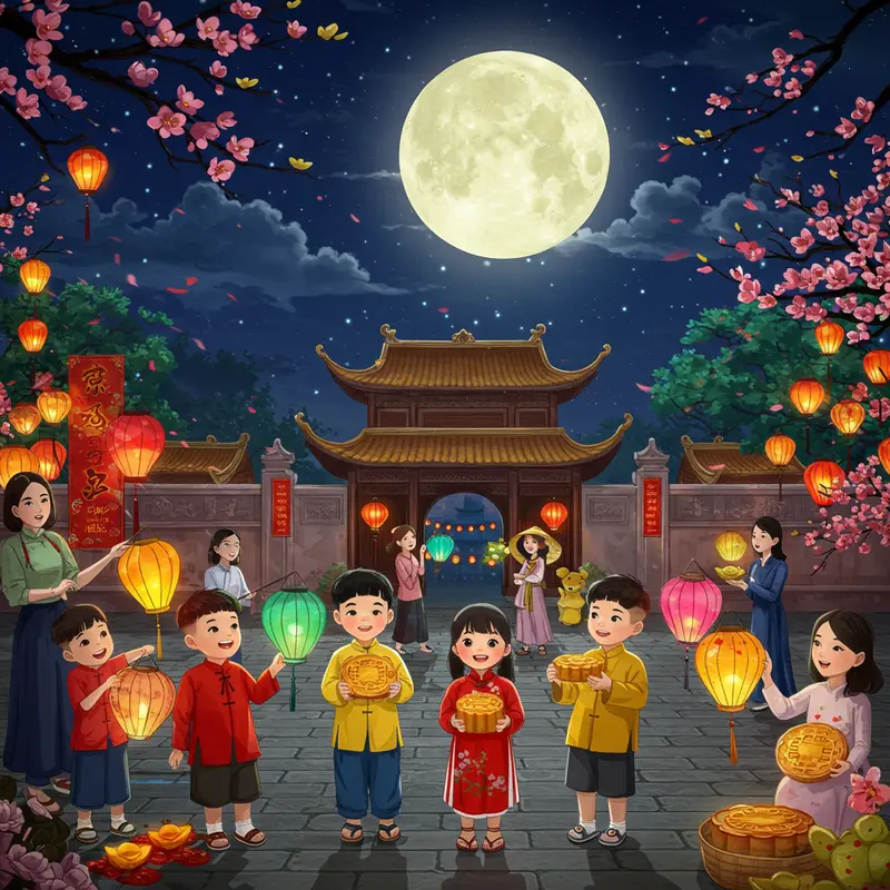 Trẻ em cầm đèn lồng và bánh trung thu, xung quanh có gia đình vui vẻ và không gian trang trí truyền thống trong đêm trăng rằm.