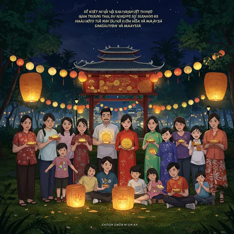 Bánh trung thu truyền thống và đèn lồng màu sắc dưới ánh trăng rằm Trung Thu