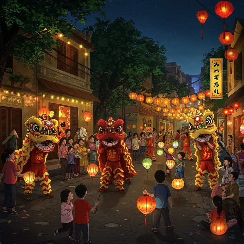 Phố Hàng Mã với những cửa hàng truyền thống và đèn lồng đa sắc màu.