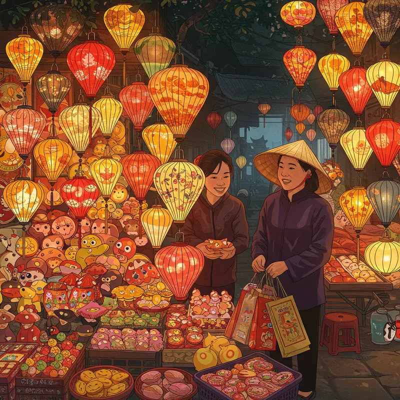 Phố Hàng Mã với những cửa hàng truyền thống và đèn lồng đa sắc màu.