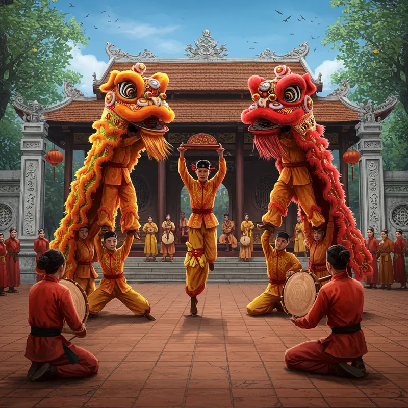 Múa lân truyền thống Việt Nam biểu diễn trong lễ hội sôi động.