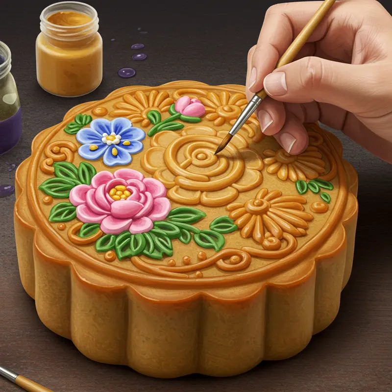 Chiếc bánh Trung Thu truyền thống với họa tiết vẽ tay và tạo hình 3D độc đáo.
