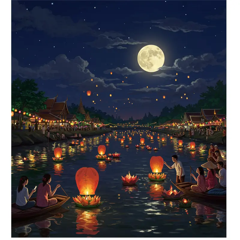 Khung cảnh lễ hội trăng rằm với trăng tròn và người dân tổ chức nghi lễ truyền thống dưới ánh trăng.