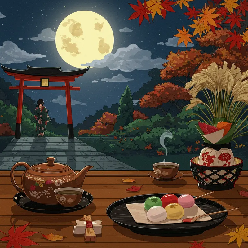 Khung cảnh lễ hội trăng rằm với trăng tròn và người dân tổ chức nghi lễ truyền thống dưới ánh trăng.