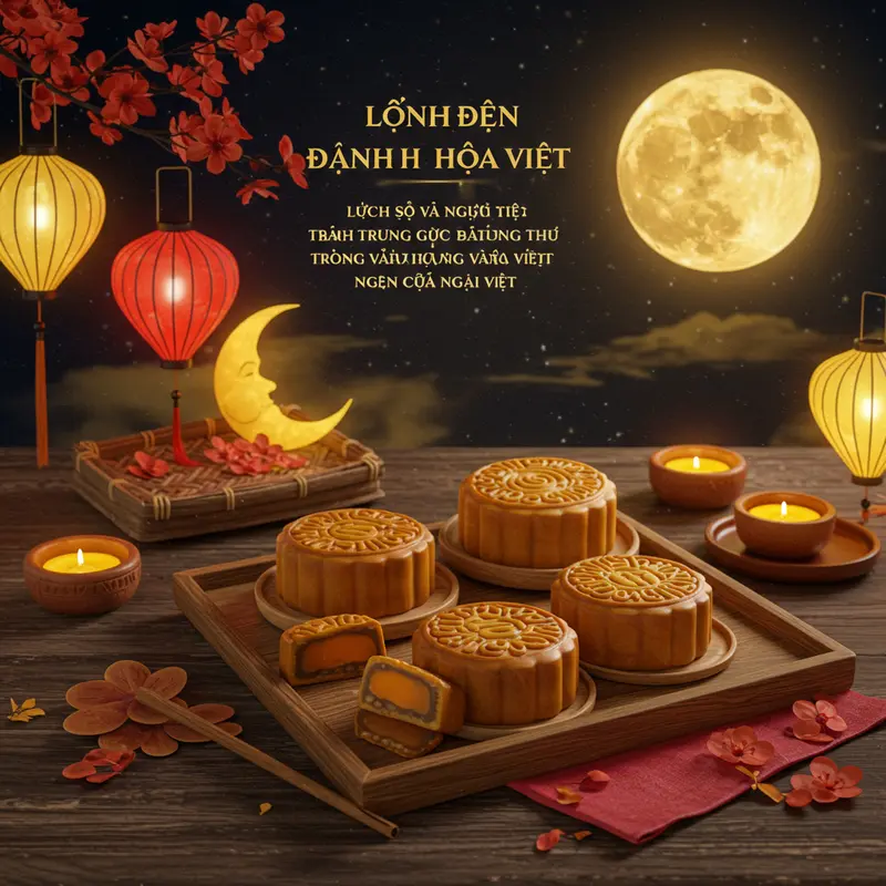 Bánh Trung Thu truyền thống Việt Nam với đèn lồng và trang trí Tết Trung Thu.