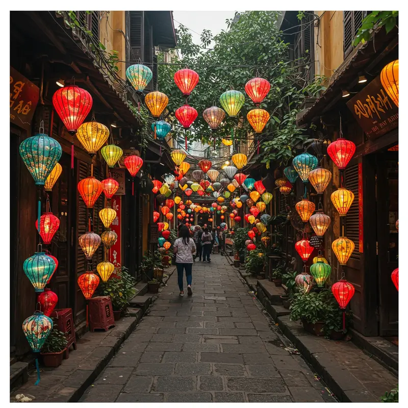 Phố Hàng Mã với những cửa hàng truyền thống và đèn lồng đa sắc màu.