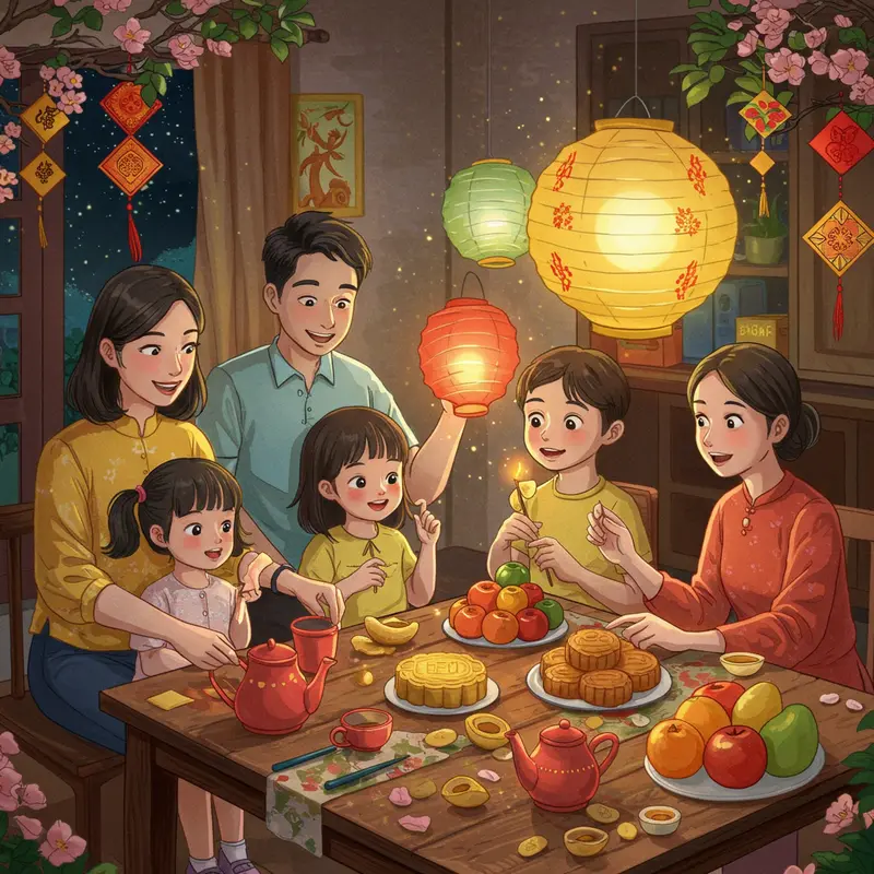 Mâm cỗ Trung Thu truyền thống với bánh nướng, bánh dẻo và hoa quả tươi ngon