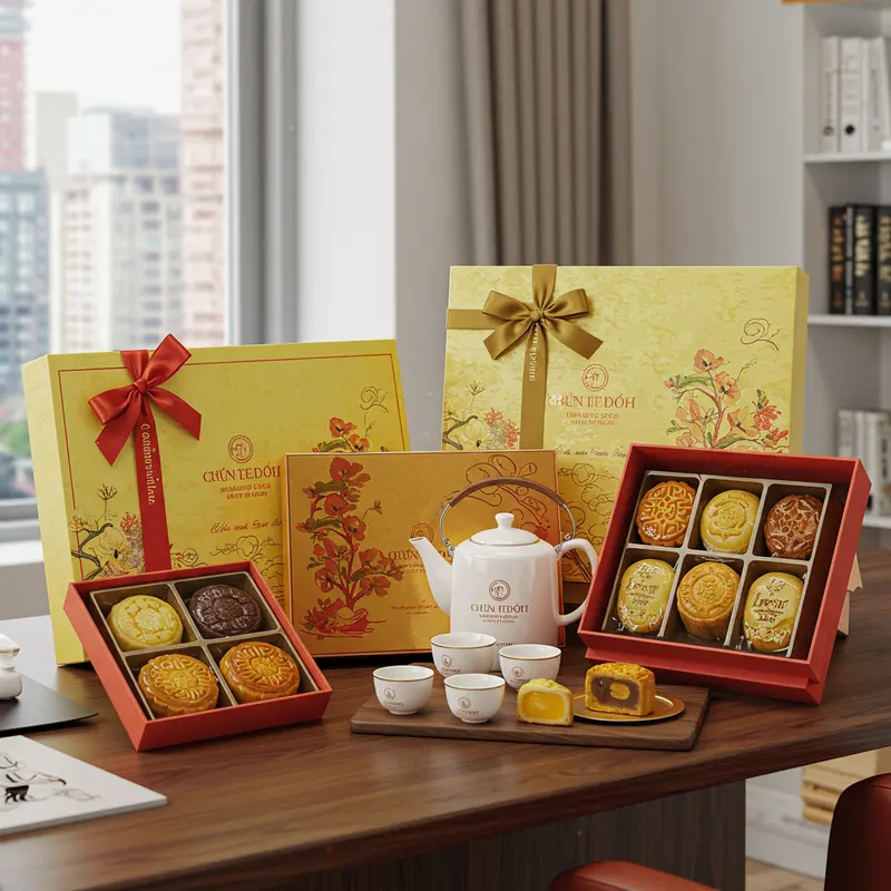 Bộ quà Trung Thu truyền thống với bánh trung thu, phong bao đỏ và đèn lồng.