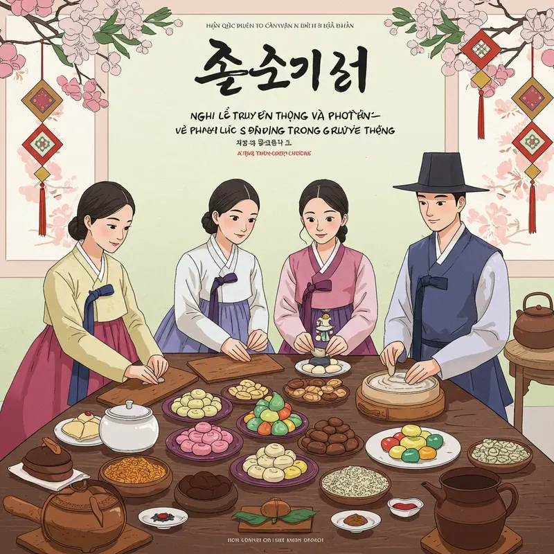 Gia đình Hàn Quốc thực hiện nghi lễ tổ tiên trong ngày Chuseok bên khung cảnh mùa thu.