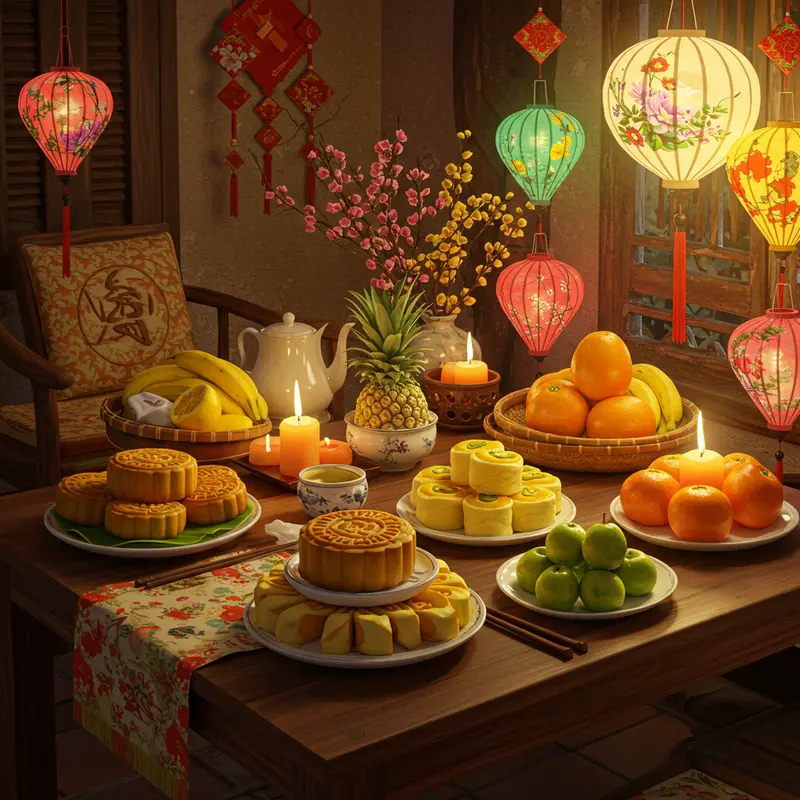 Mâm cỗ Trung Thu truyền thống bày biện đầy đủ bánh, hoa quả và đèn lồng trong không gian ấm cúng